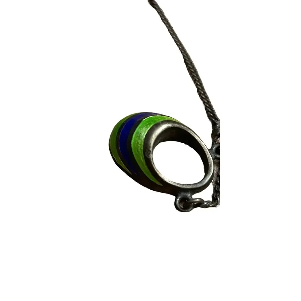 Art Deco Blue and Green Enamel Womens Necklace Sterling Dark Silver Vintage